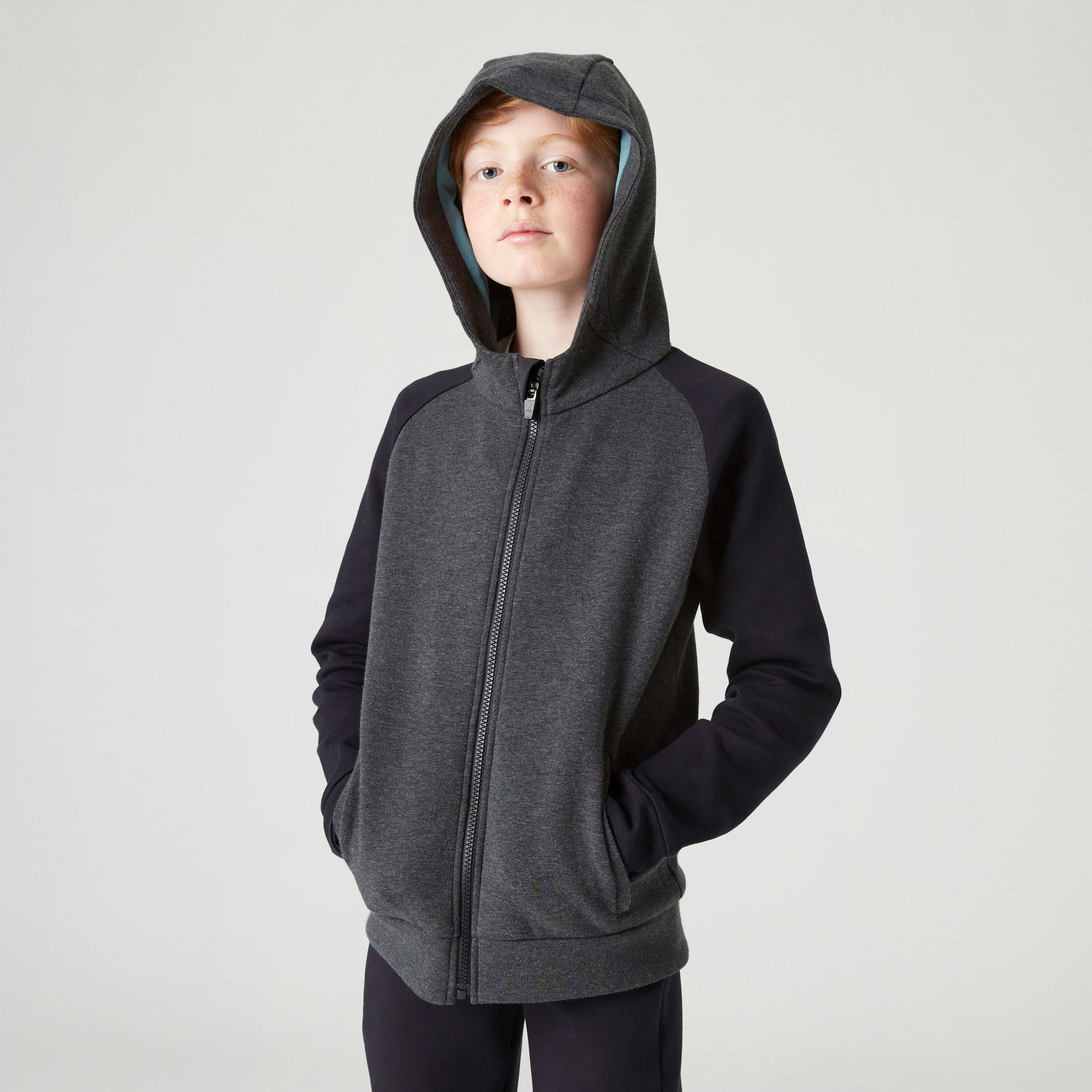 DOMYOS Kids' Breathable Cotton Zip-Up Hoodie 900 - Medium and Dark Grey Marl