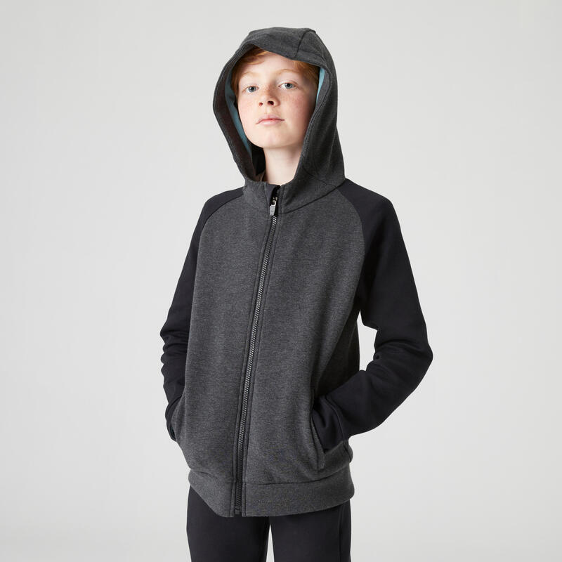 Sudadera chandal con cremallera y capucha gimnasia Domyos niño y niña gris-negro