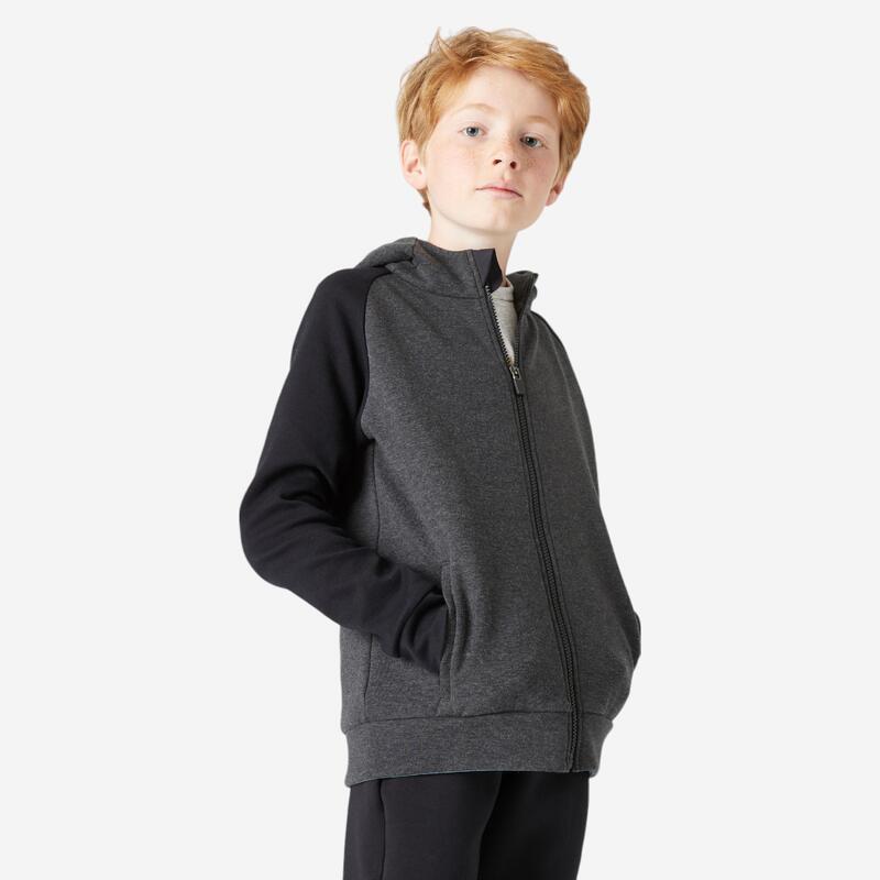 Sudadera chandal con cremallera y capucha gimnasia Domyos niño y niña gris-negro