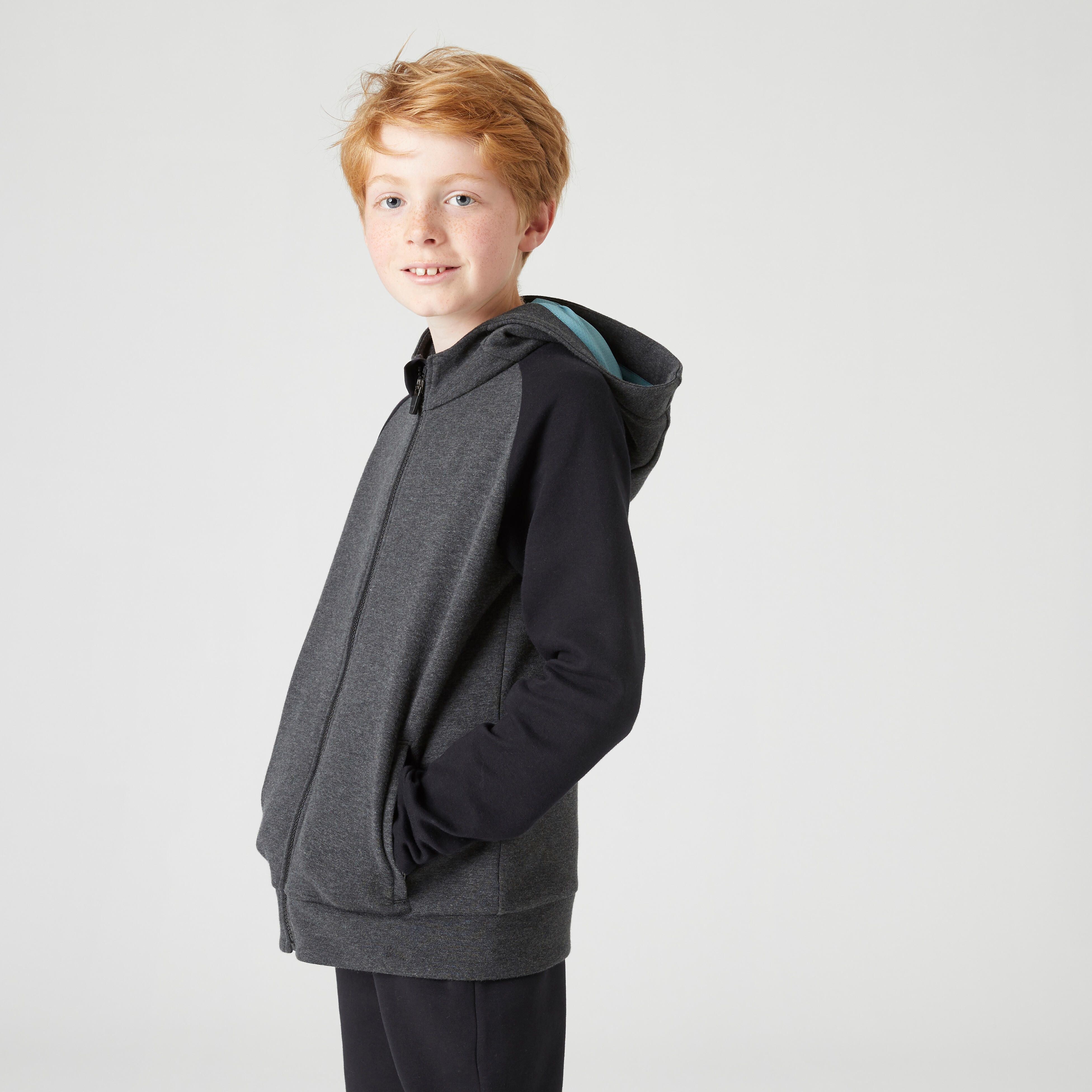 Children's breathable cotton hooded zip sweatshirt - 900 medium and dark mottled grey