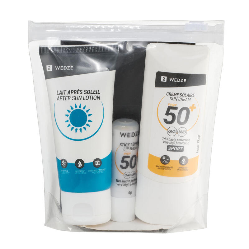 Kit de protection solaire : crème IP50+ - stick lèvres IP50+ - lait après soleil