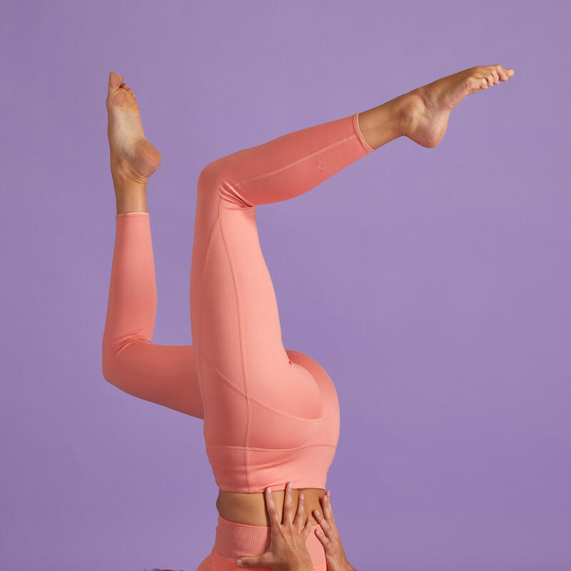 Leggings donna yoga vita alta traspiranti reversibili beige-corallo
