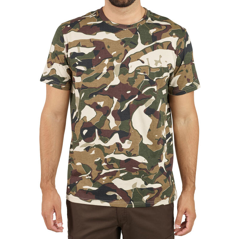 Camiseta Manga Corta Hombre Caza Solognac 100 Algodon Camuflaje Militar Beige