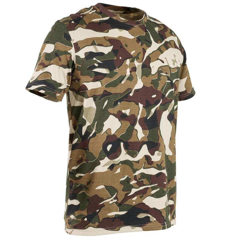 T-shirt met korte mouwen voor de jacht 100 woodland camouflage groen en beige