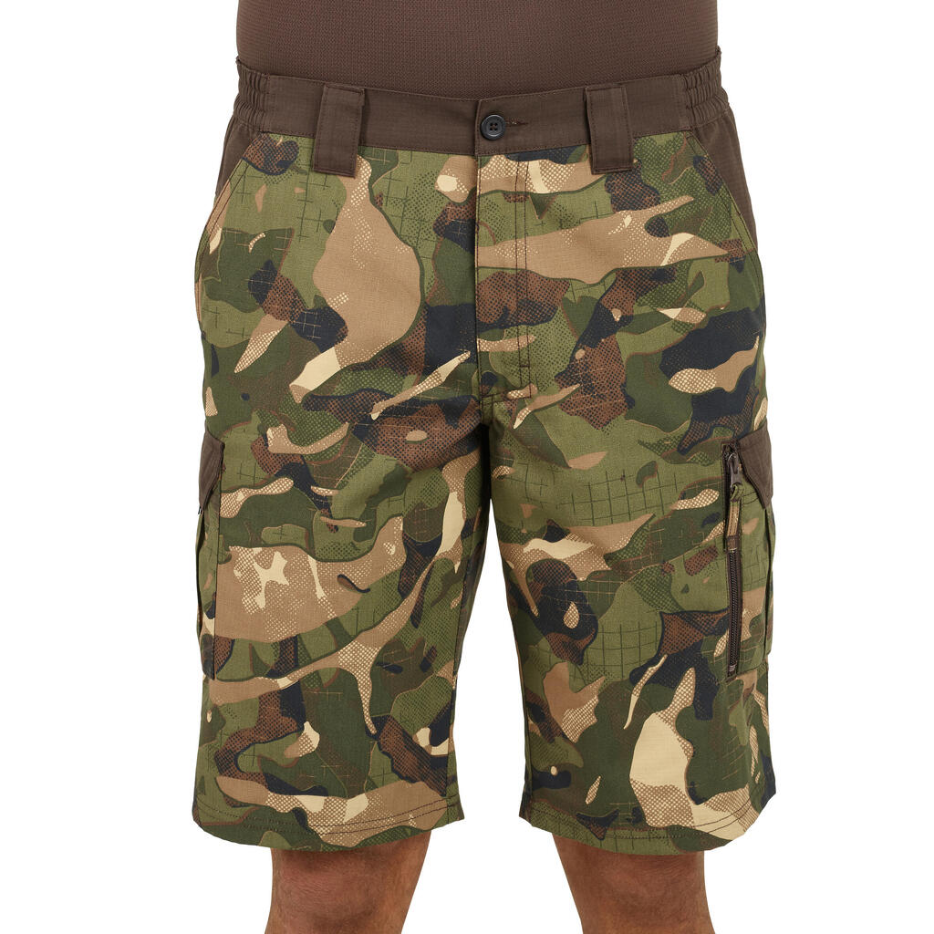 Bermuda Shorts 500 Woodland Camouflage plain green and brown