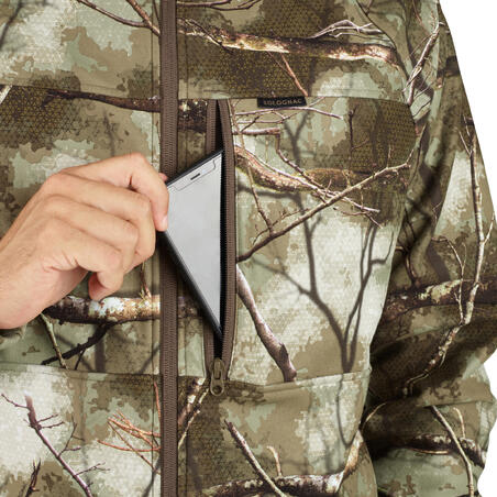Kamuflažna tiha i topla vodoodbojna jakna od flisa za lov 500 TREEMETIC
