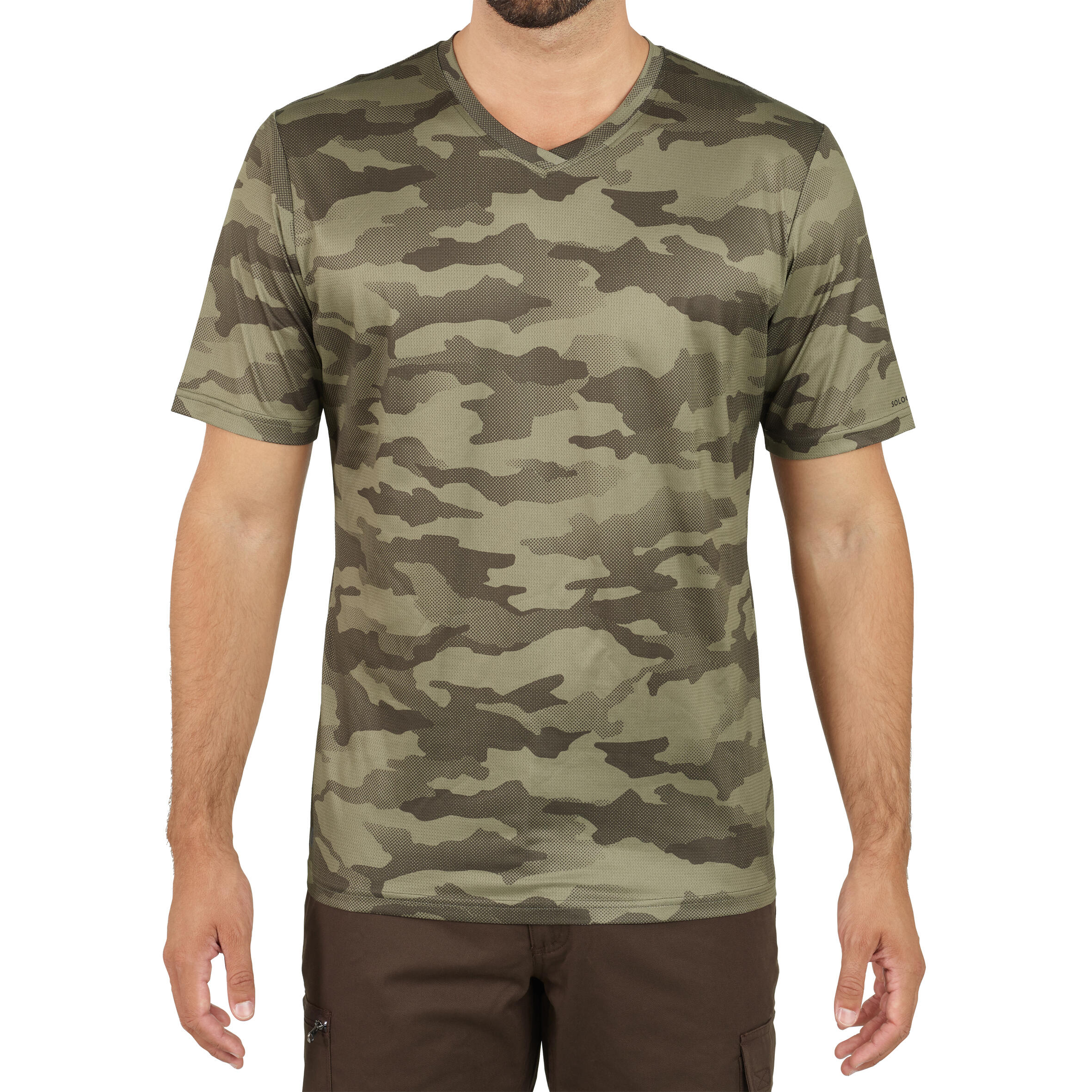 SOLOGNAC Camiseta Manga Corta Hombre Caza Solgonac Camuflaje Militar Transpirable Verde