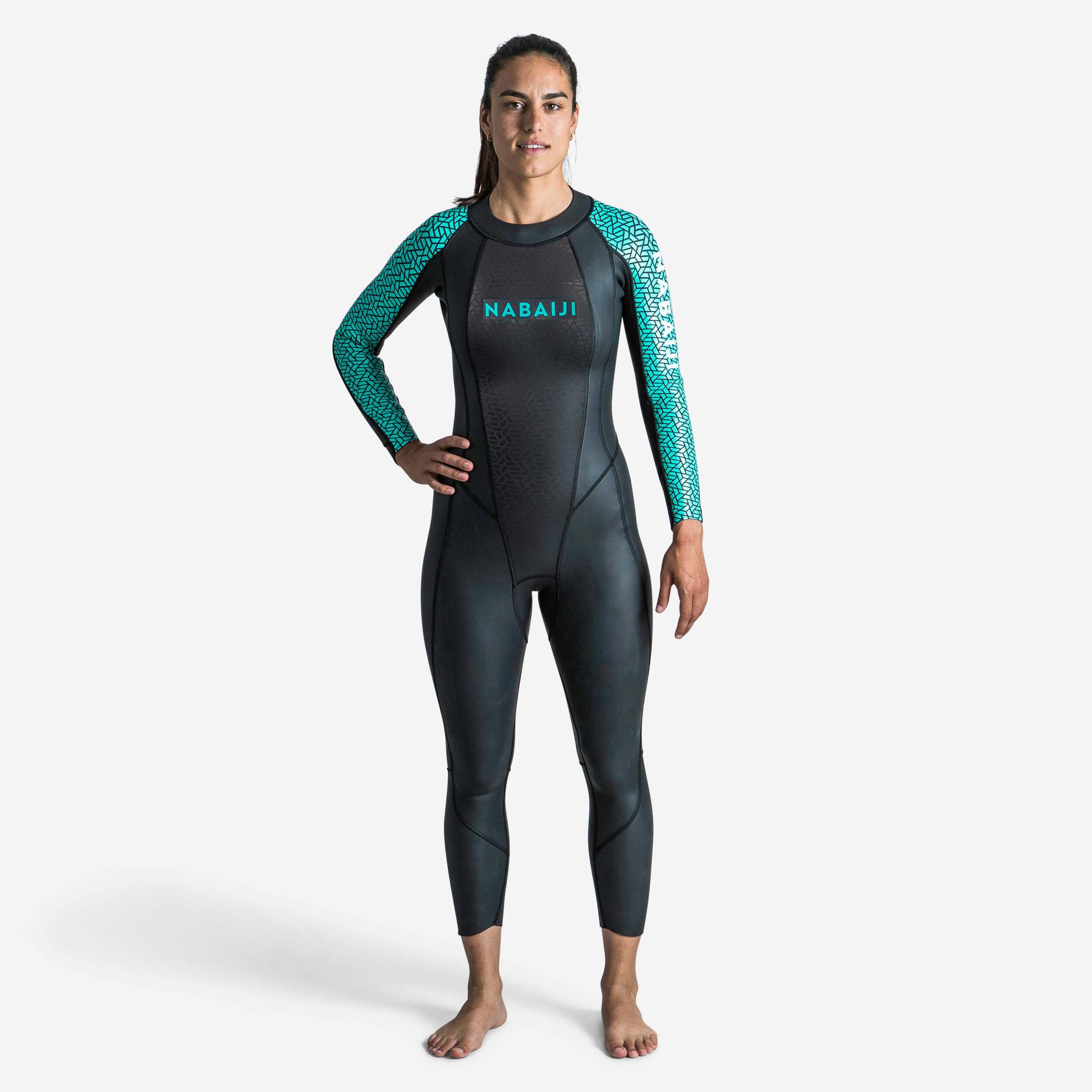 Fato de natação em águas abertas neoprene mulher - ows 500 2/2 preto turquesa