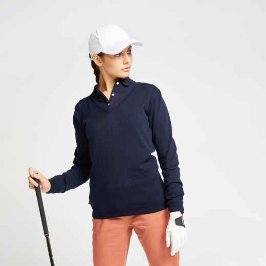 
      Moteriškas golfo megztinis „MW500“, V formos iškirpte, tamsiai mėlynas
  