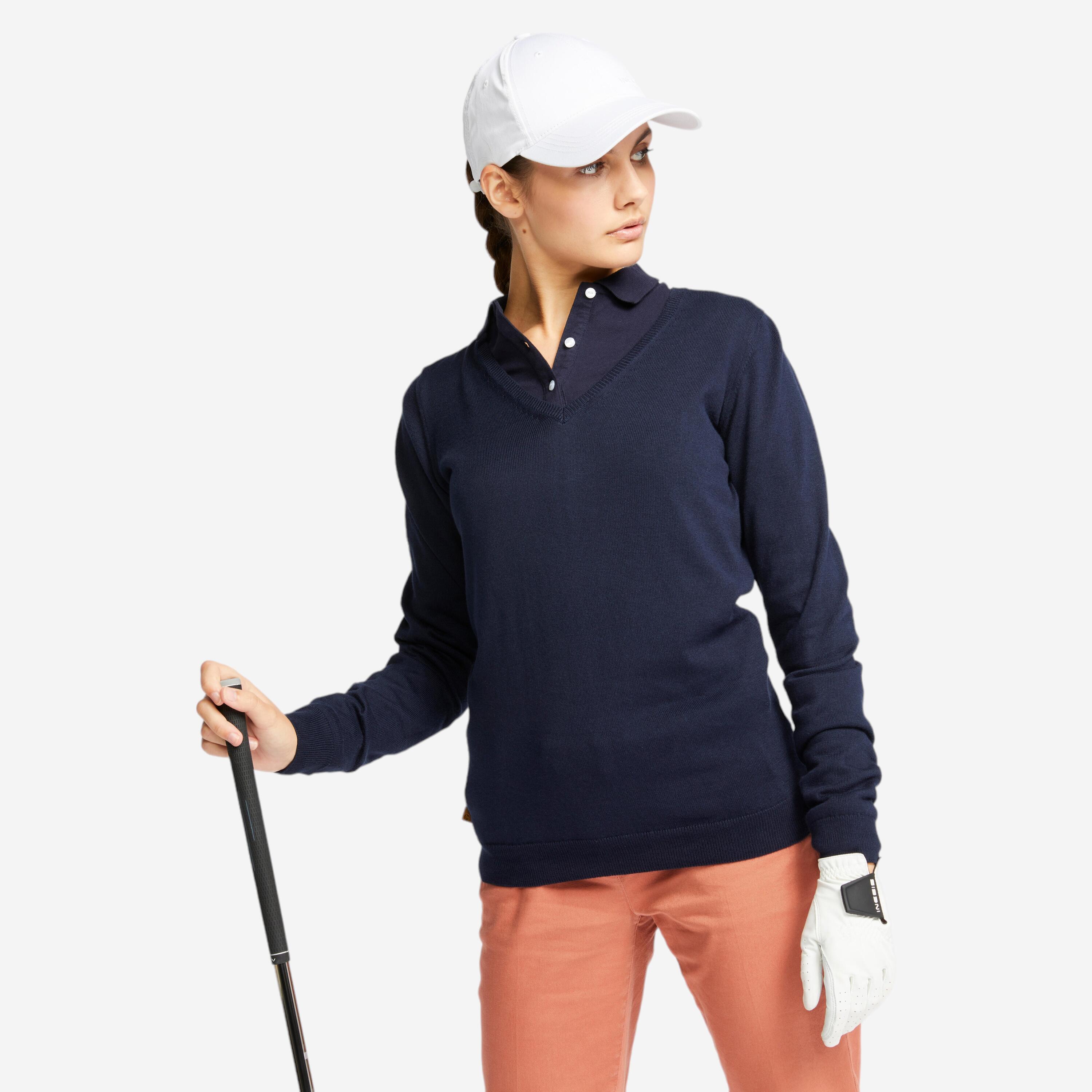 Suéter de golf con cuello V azul marino para mujer MW500 3/13