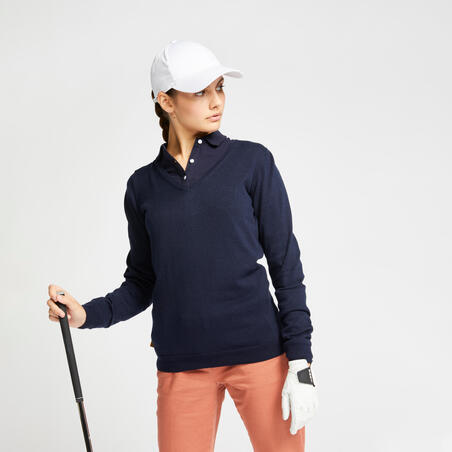 Pull de golf col V femme MW500 bleu marine