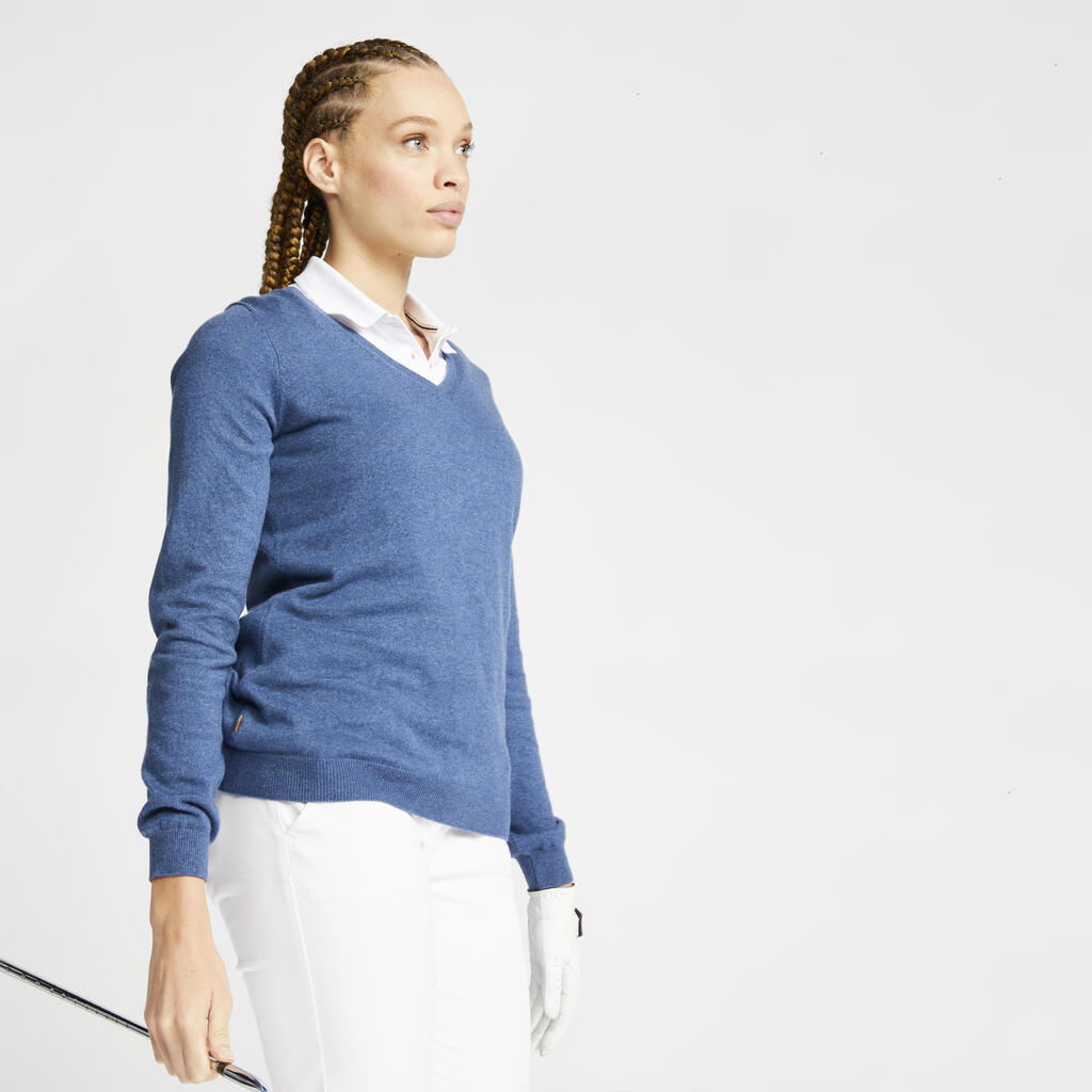 Women's golf v-neck pullover mw500 - heather blue