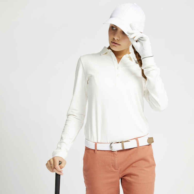 Women's long-sleeved golfing polo shirt MW500 - ivory