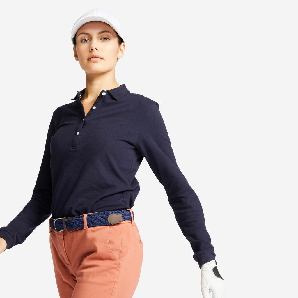 Temno modra ženska polo majica z dolgimi rokavi za golf MW500 