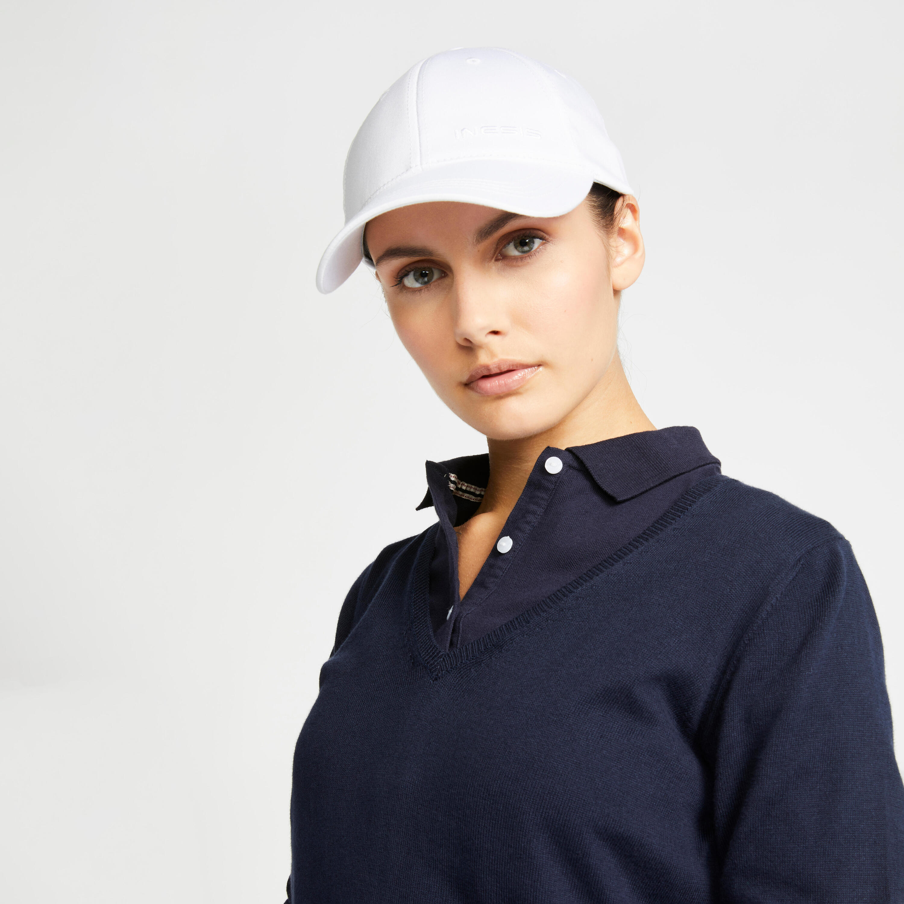 Suéter de golf con cuello V azul marino para mujer MW500 7/13