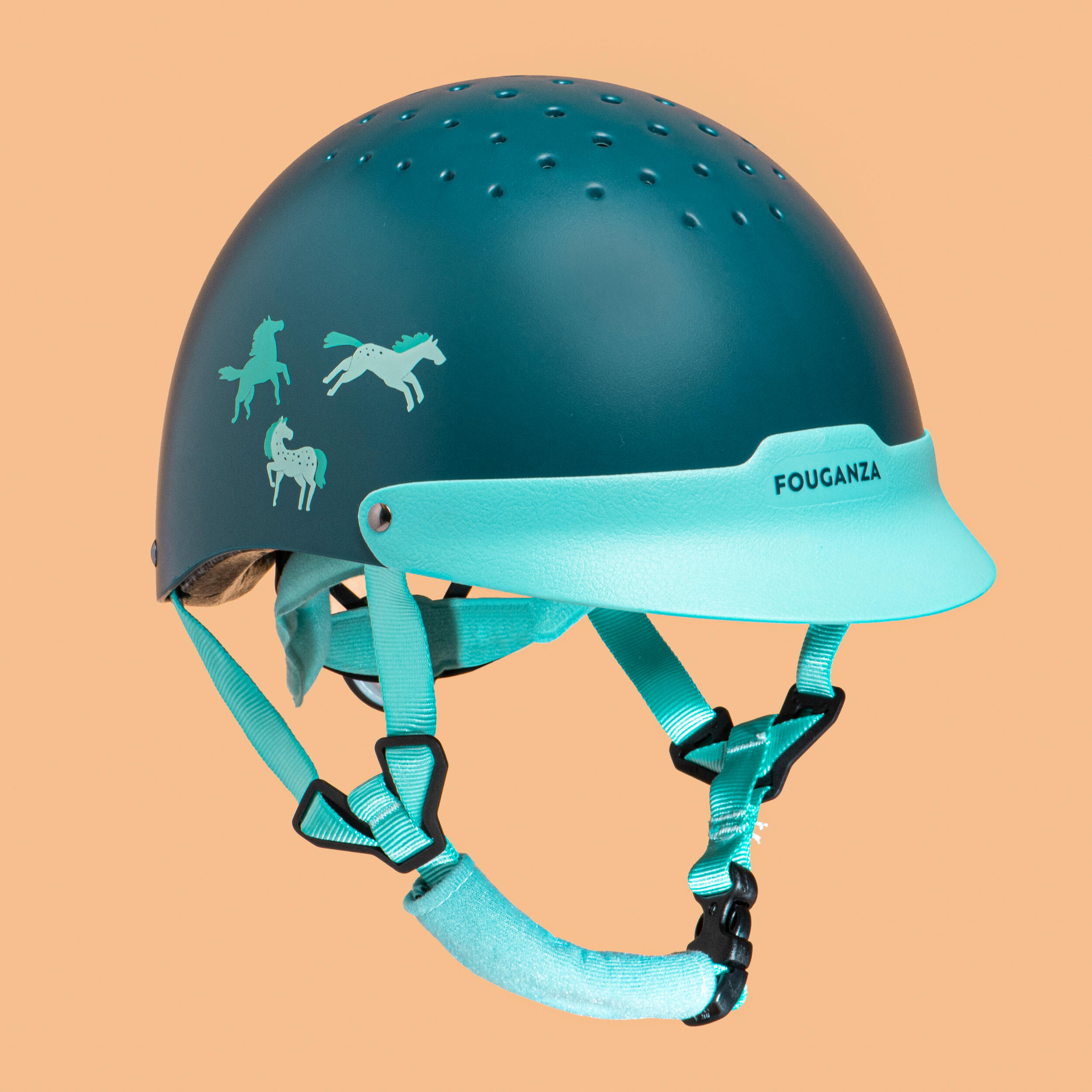 Kids' Horse Riding Helmet - 100 Green/Blue - FOUGANZA