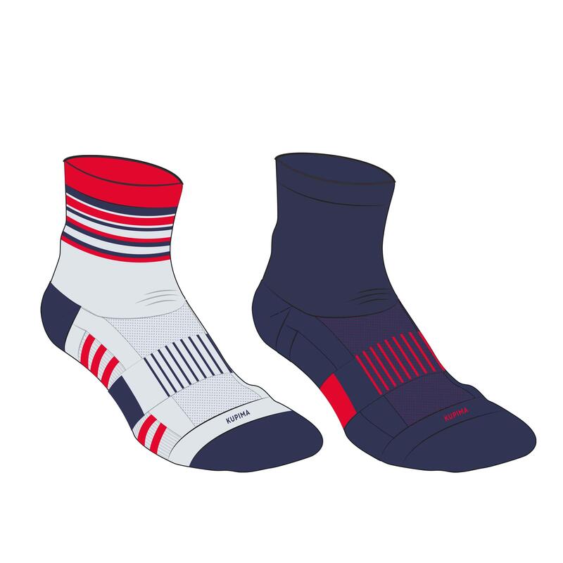兒童中筒襪 AT 500 兩雙入 - 素面軍藍色和白色、紅色、軍藍色條紋