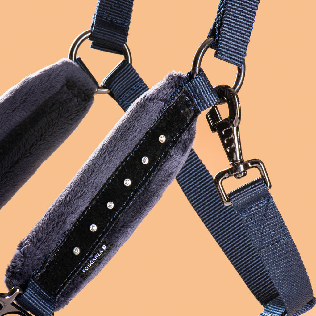 Horse Riding Halter and Leadrope Set for Horse and Pony - Blue/Black Rhinestone