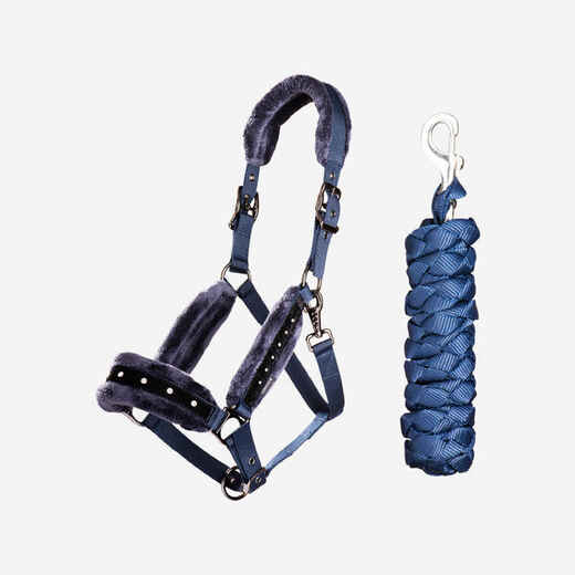 Horse Riding Halter and Leadrope Set for Horse and Pony - Blue/Black Rhinestone