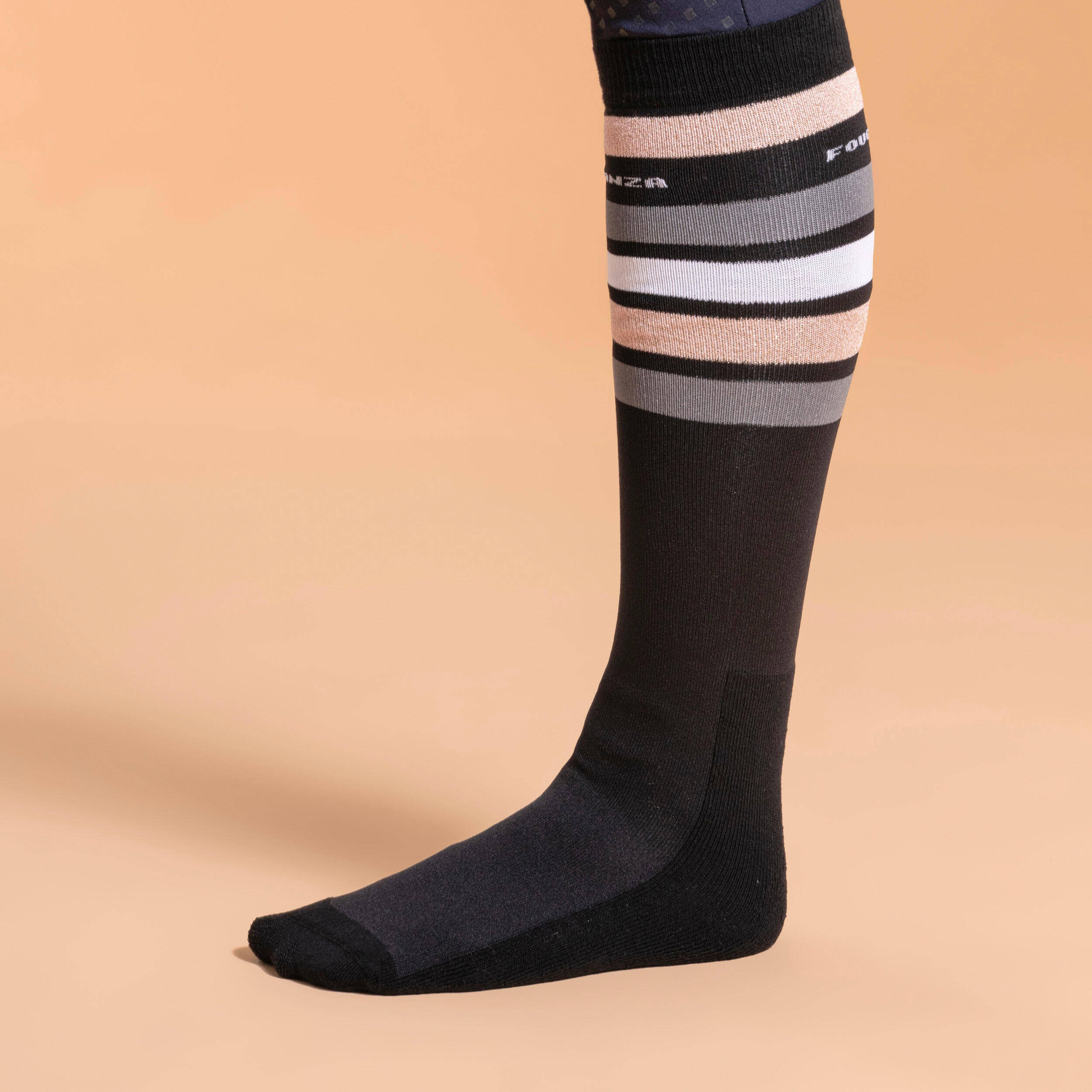 Adult Horse Riding Socks 100 - Black/Pink Sequins Stripes -  2