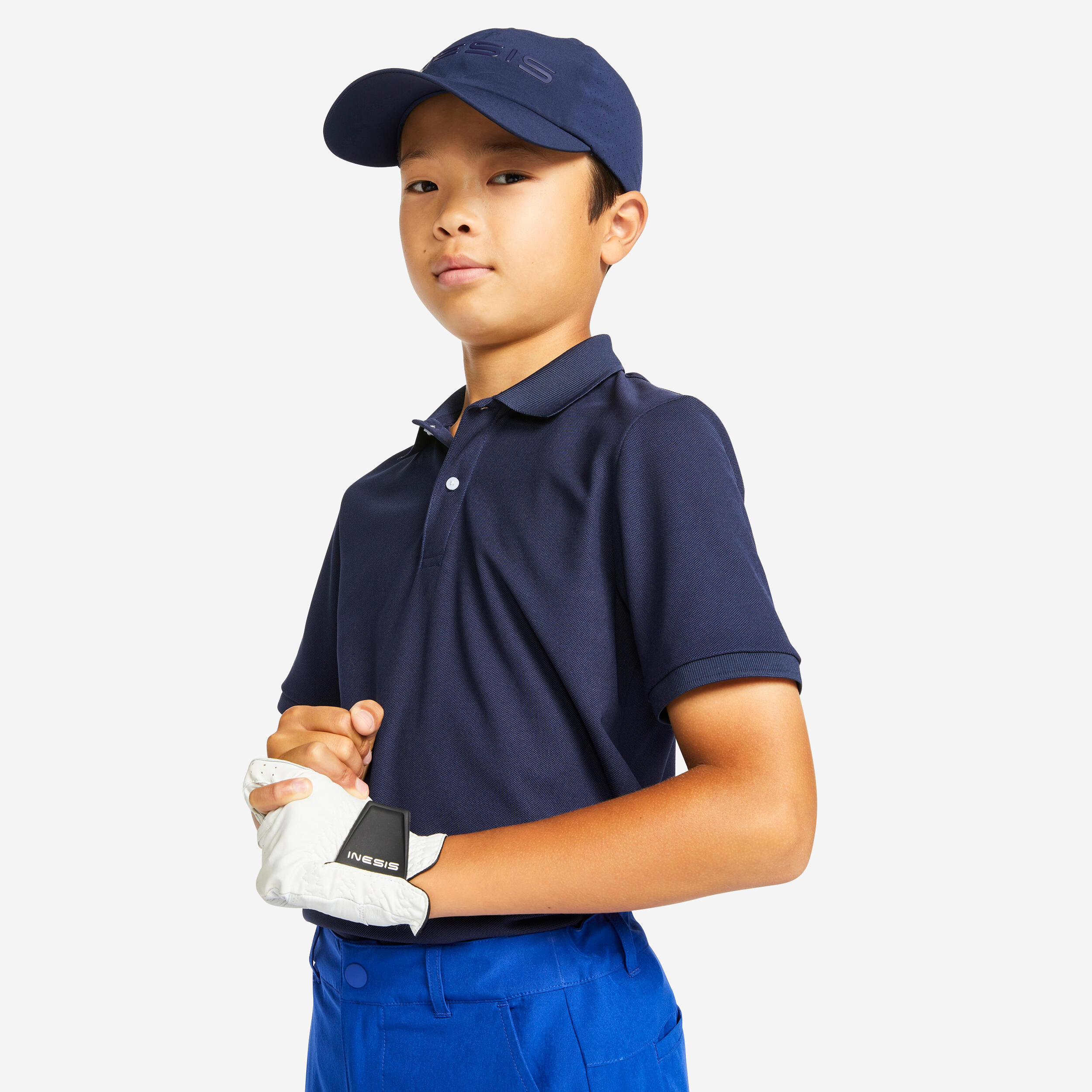 Kids golf short-sleeved polo shirt MW500 navy blue 1/6