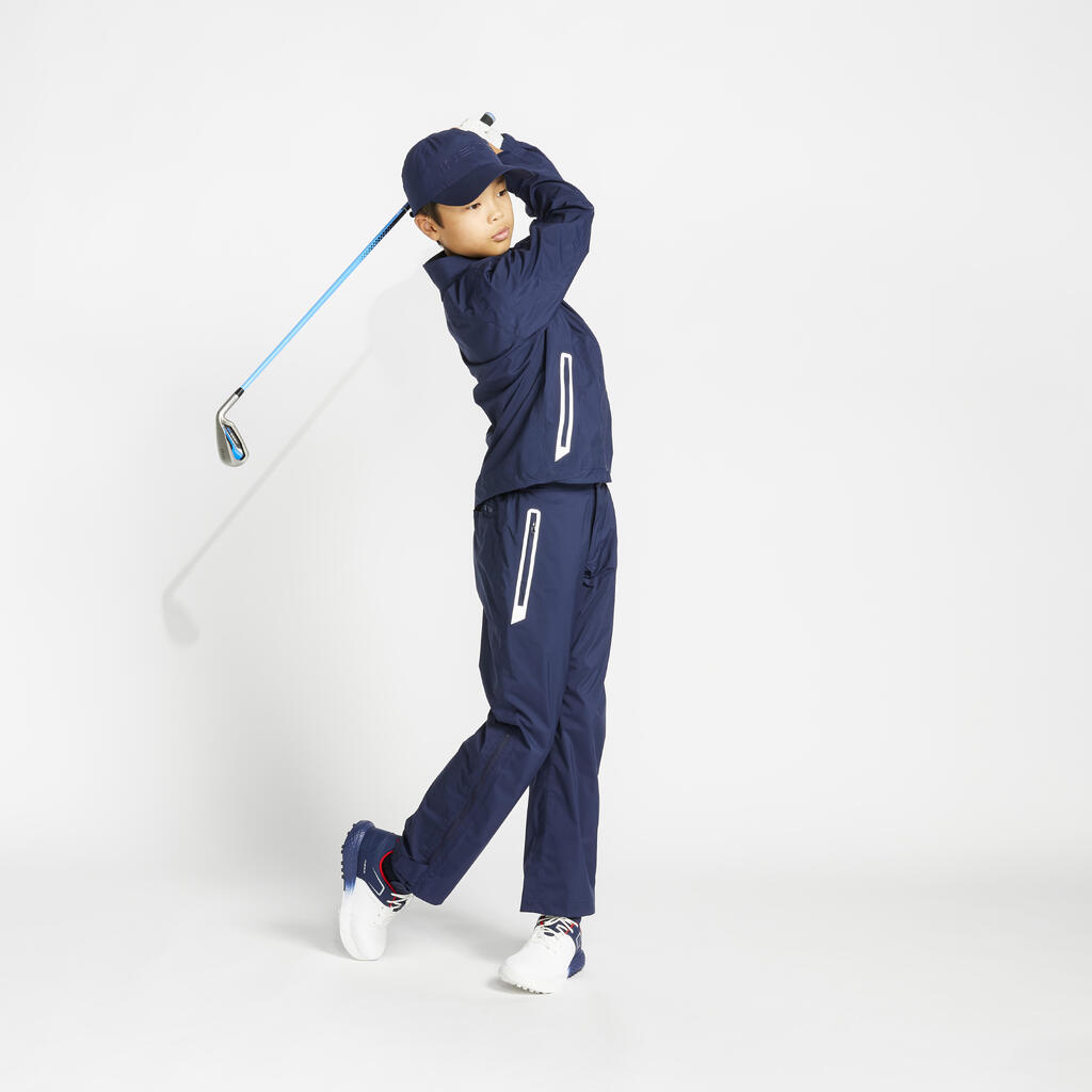 Kids’ golf waterproof rain trousers RW500 navy blue