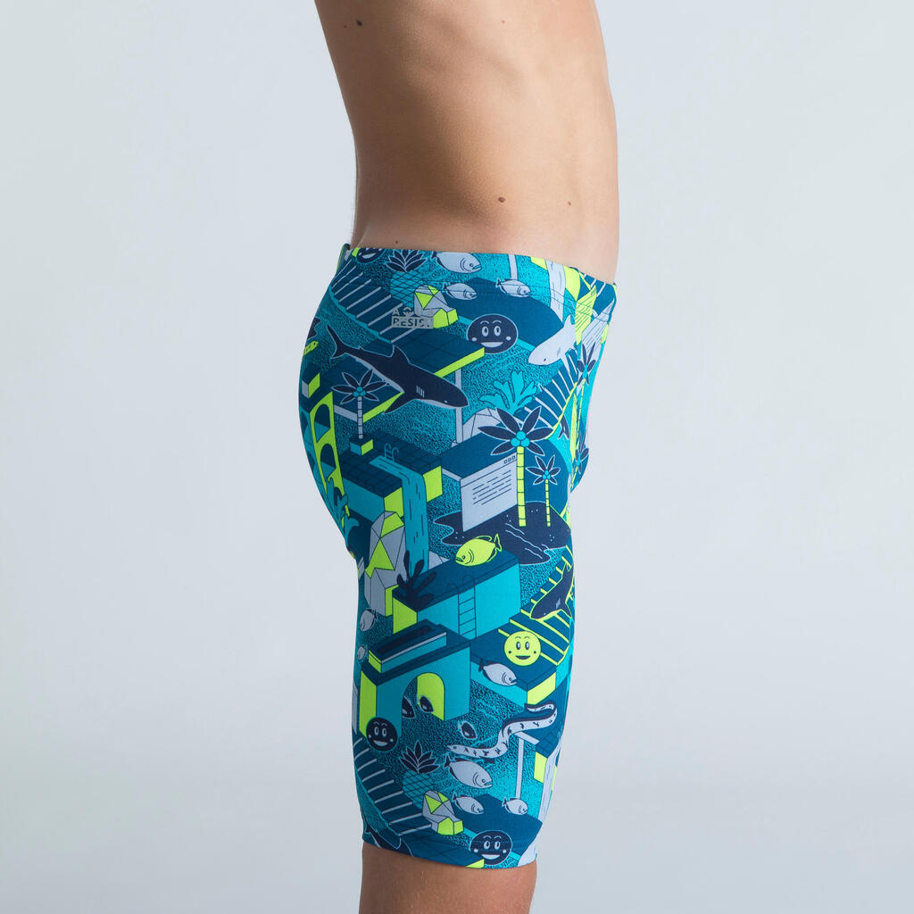 Jammer de natation garçon - fitib - bleu turquin / jaune fluo / gris