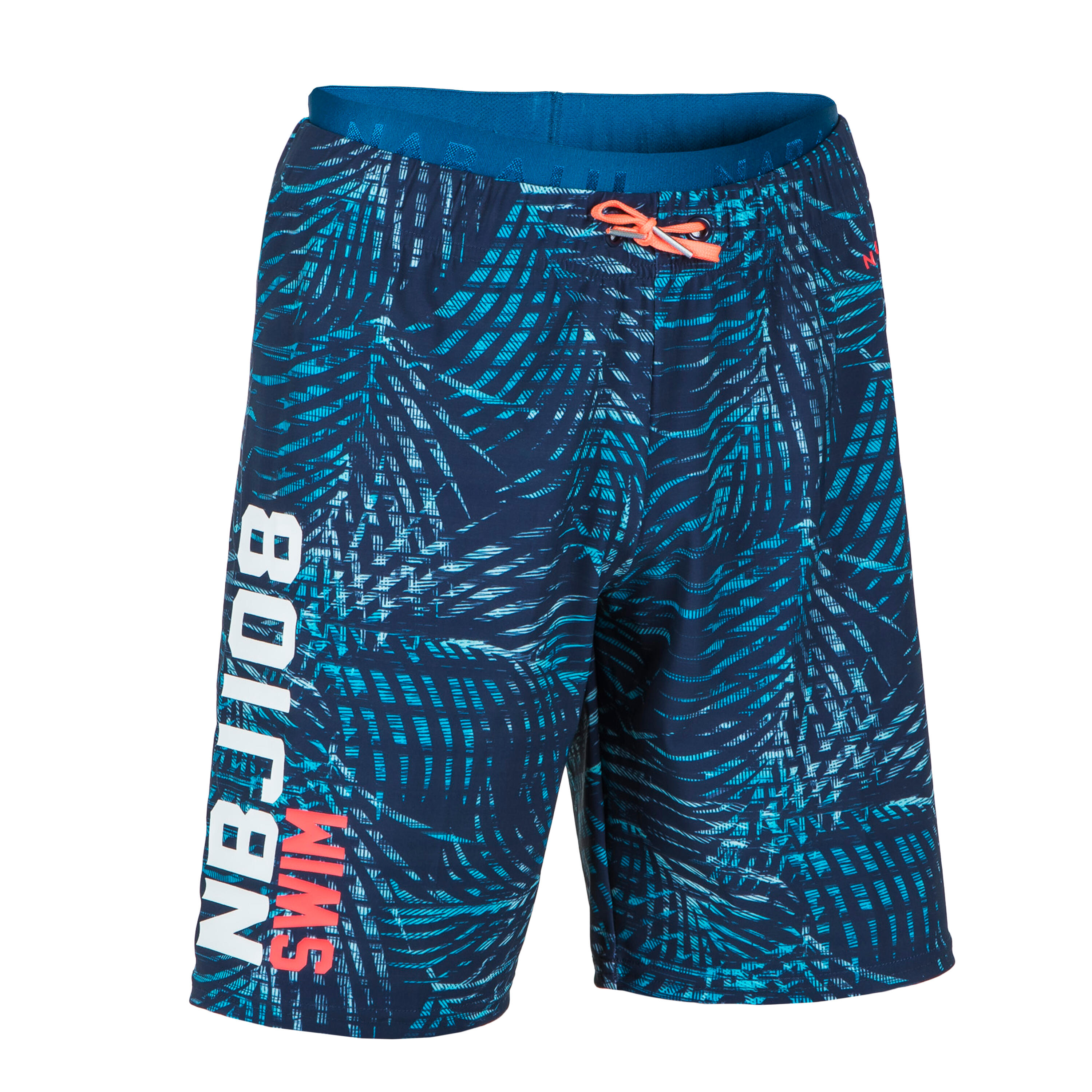 Basic Swim Shorts 100 - Boys - [EN] steel blue, Fluo blood orange