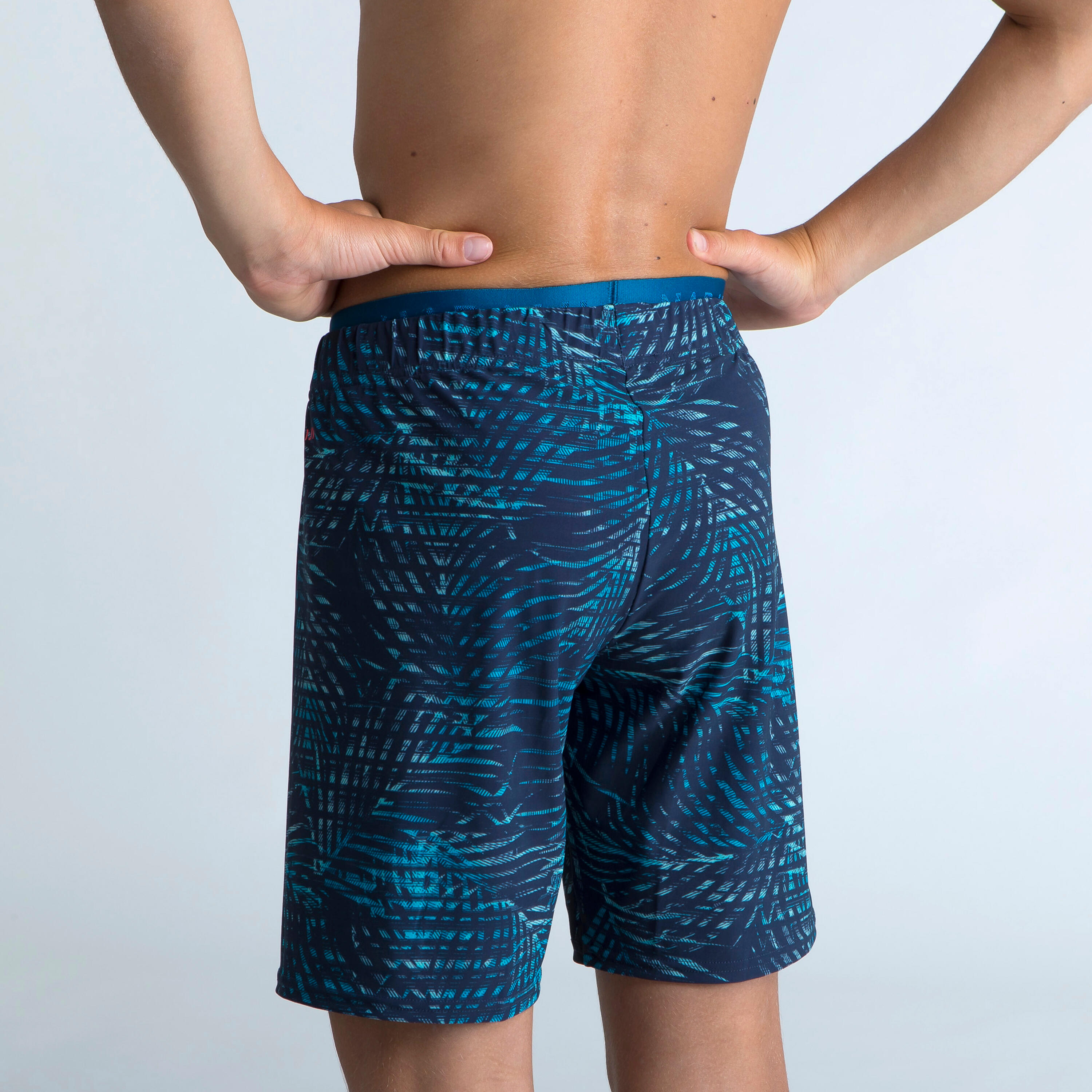 Boys’ Swimming Shorts 100 Long - All-over Palm Blue 3/4