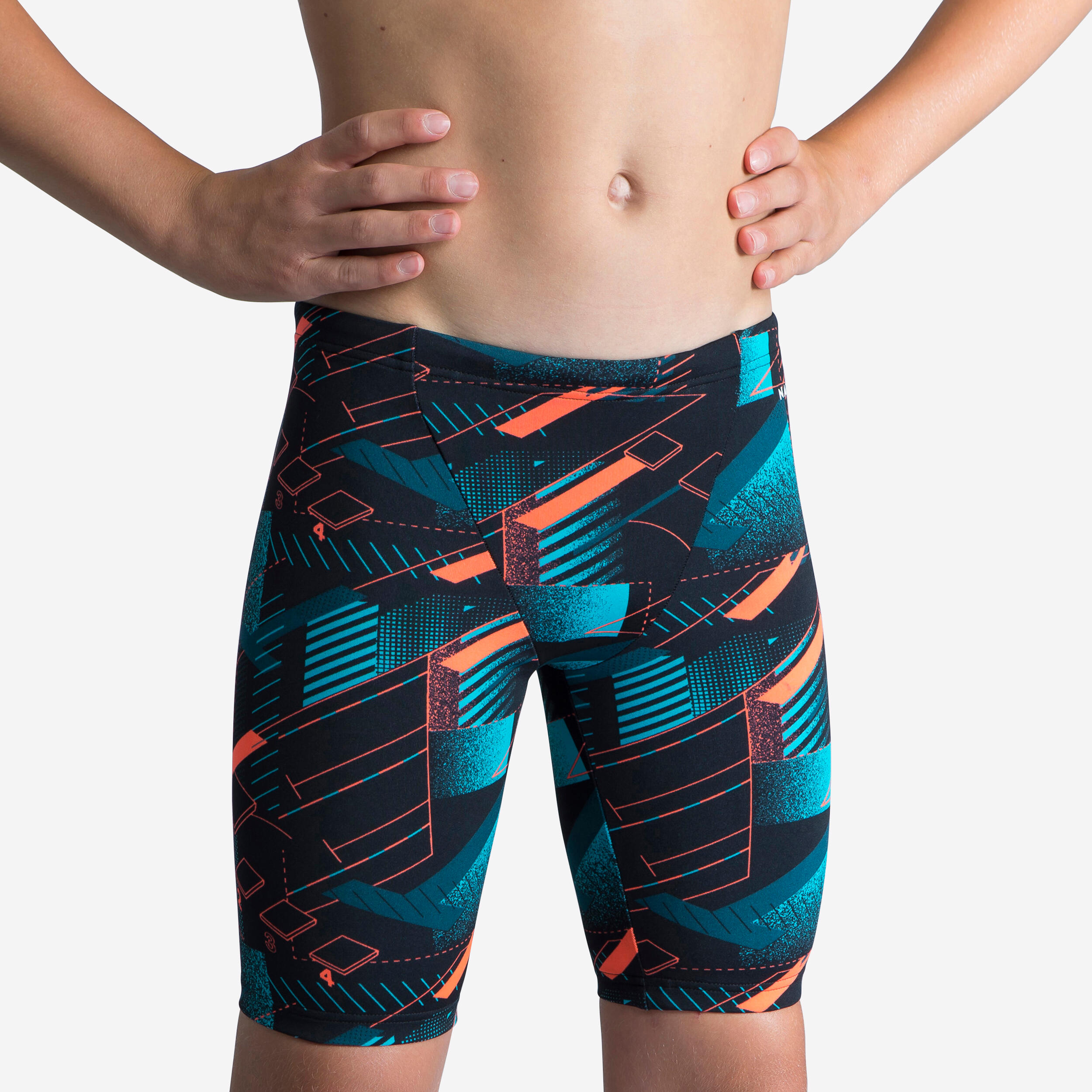 Boys’ Swimming Jammer Fitib Black / Bright Red / Turquoise 1/4