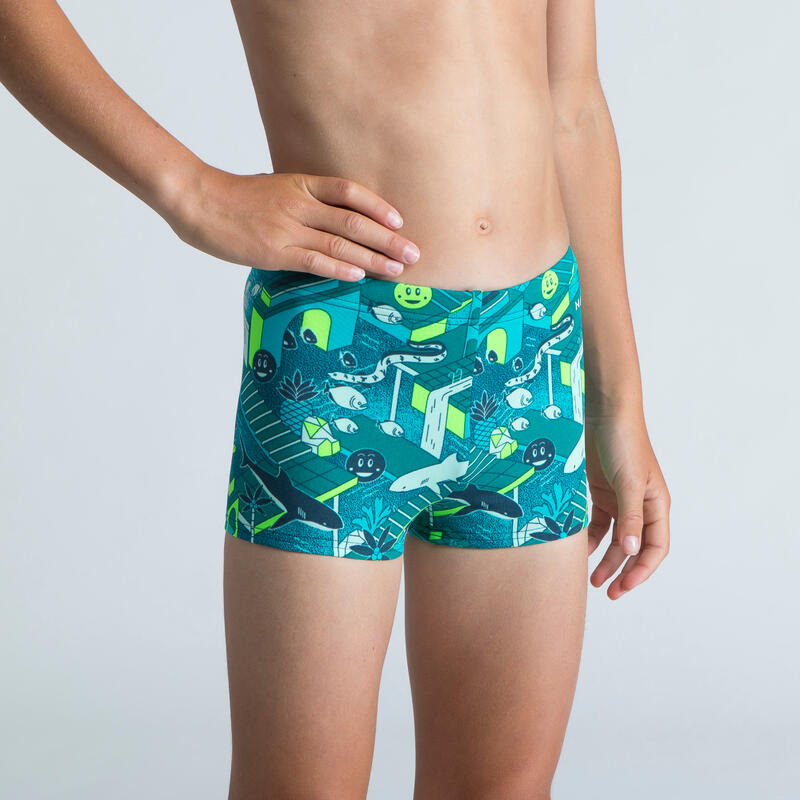 Boxer de Bain Natation Garçon - Fitib - Bleu pétrole / Vert fluo