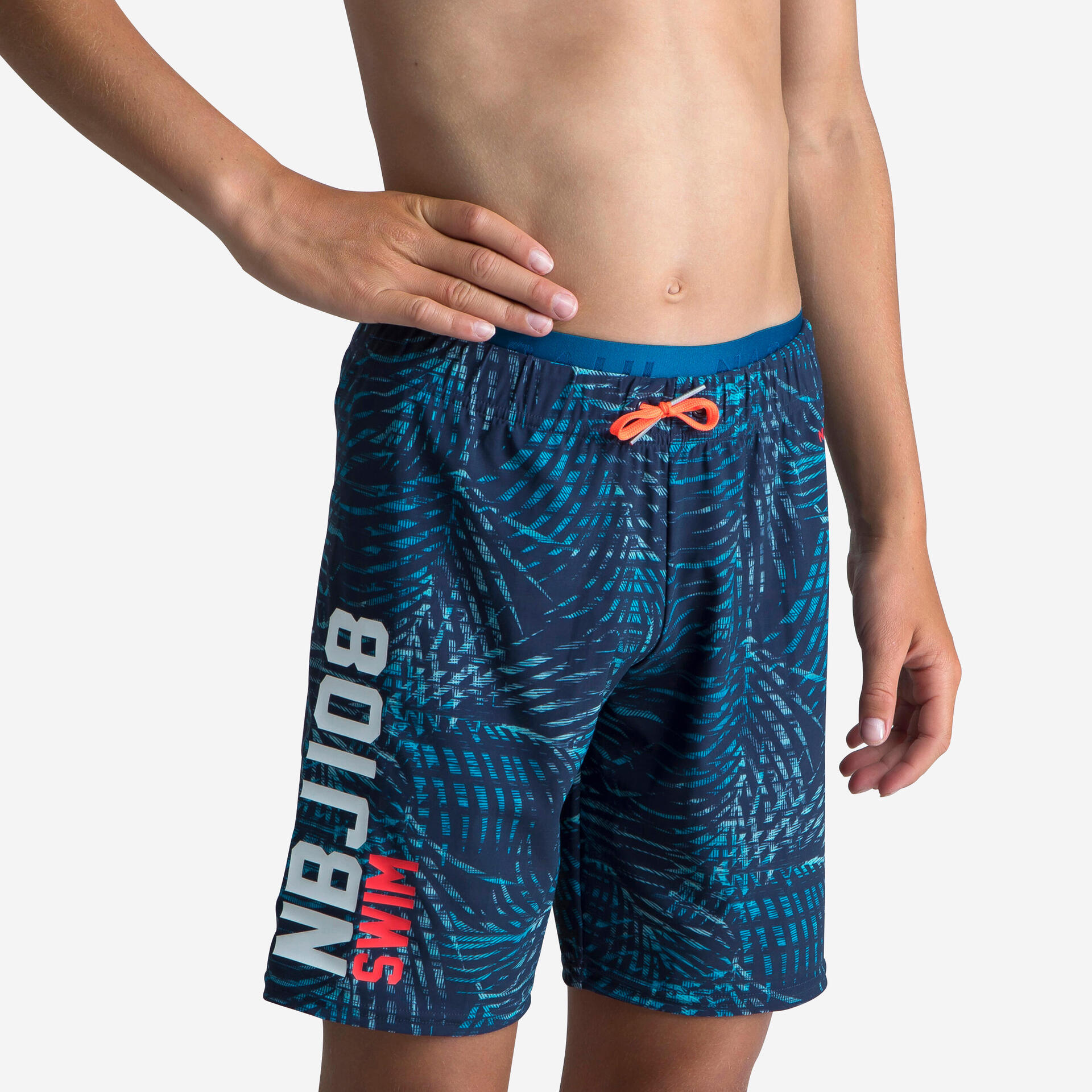 Boys' Swimming Shorts 100 Long All-over Palm Blue