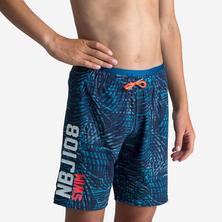 Boys’ Swimming Shorts 100 Long - All-over Palm Blue