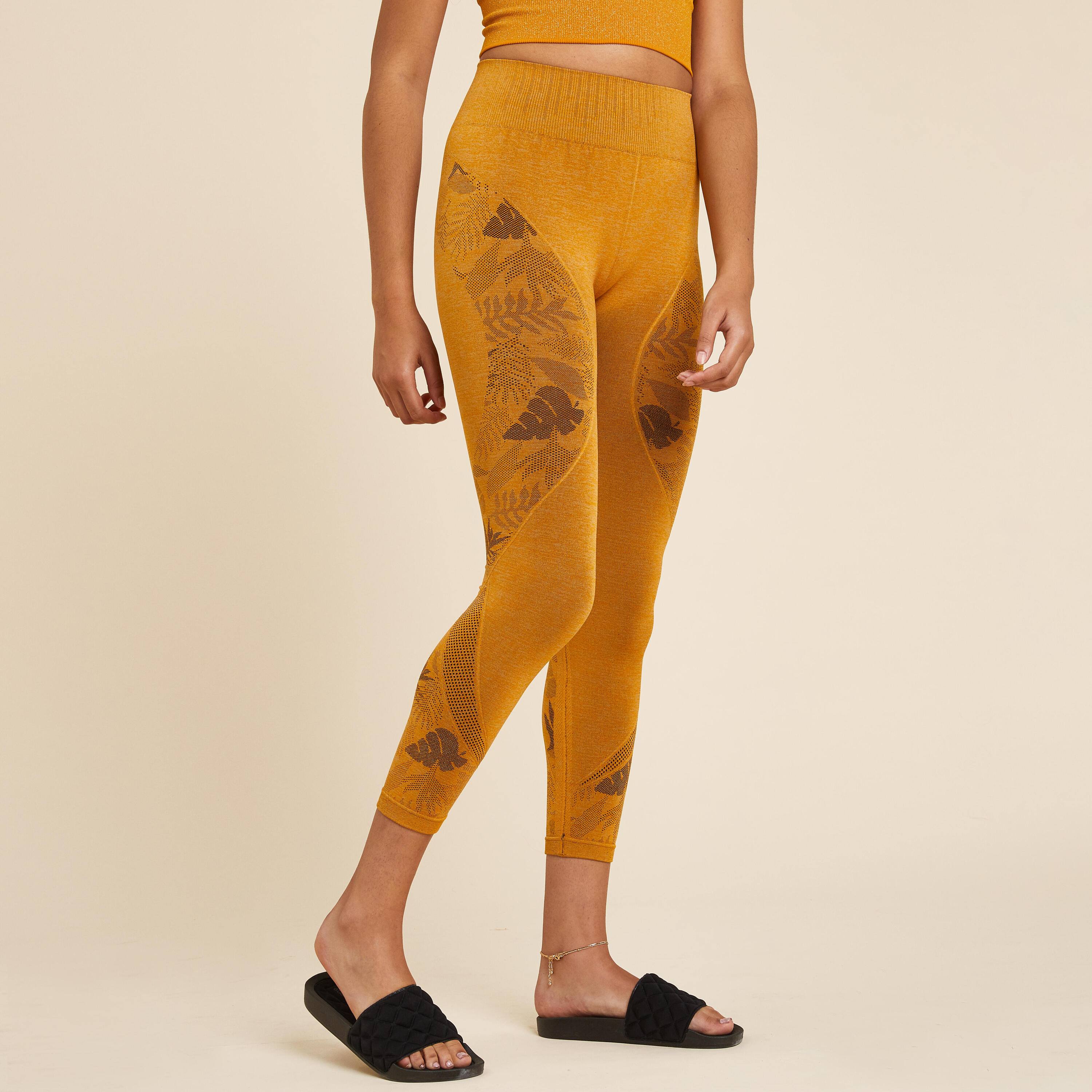 Women's Seamless 7/8 Dynamic Yoga Leggings - Mottled Ochre 1/5