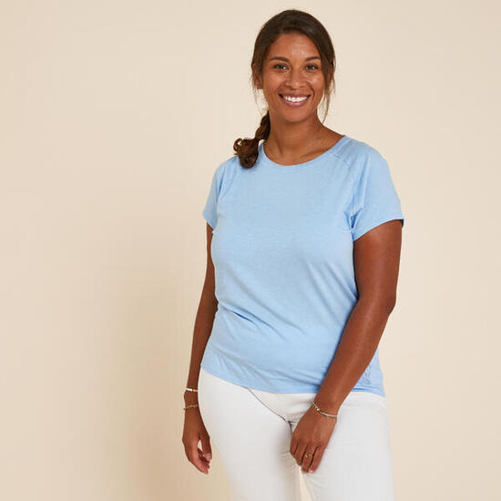 T-shirt yoga doux femme en coton, bleu