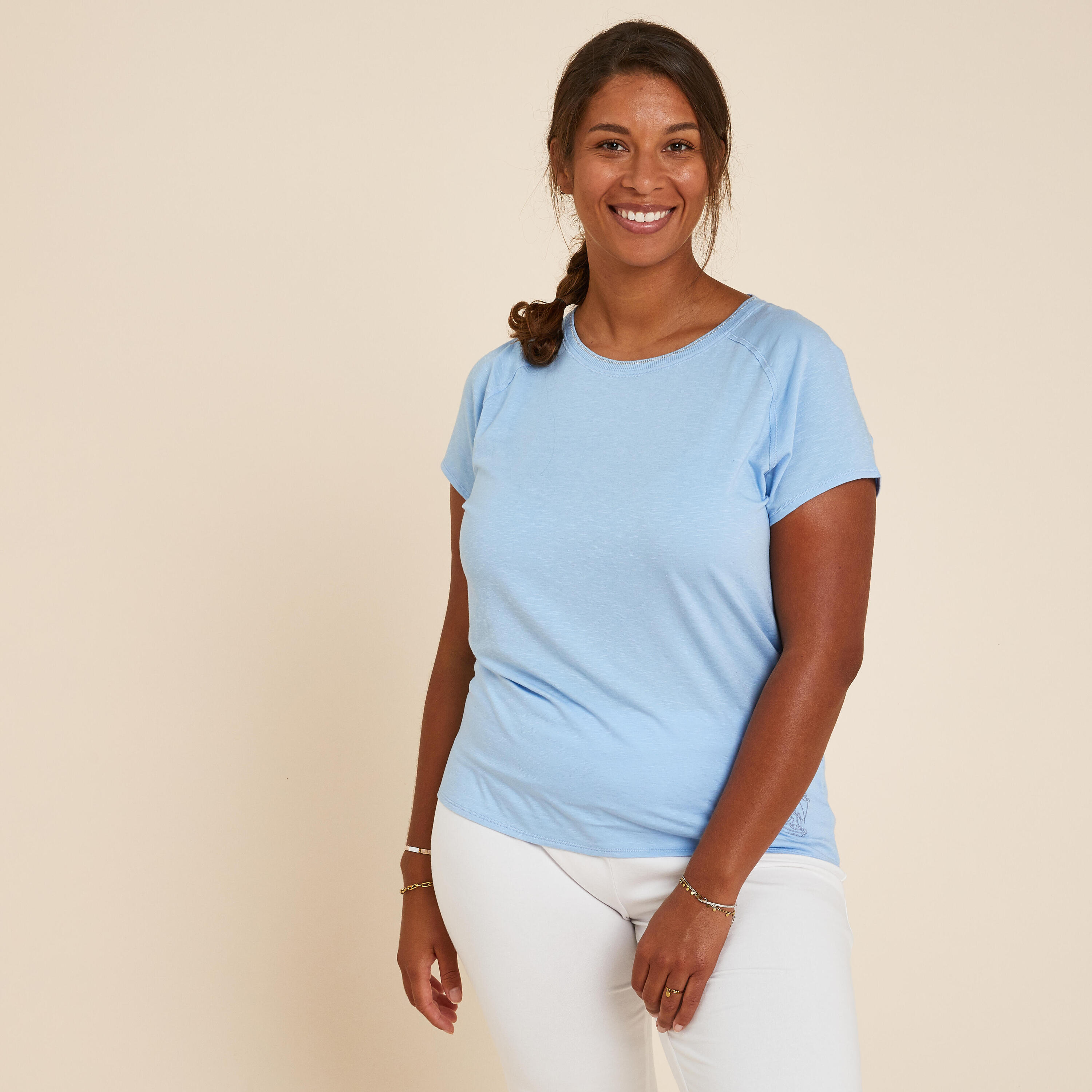 KIMJALY Women's Gentle Yoga T-Shirt - Sky Blue Embroidery