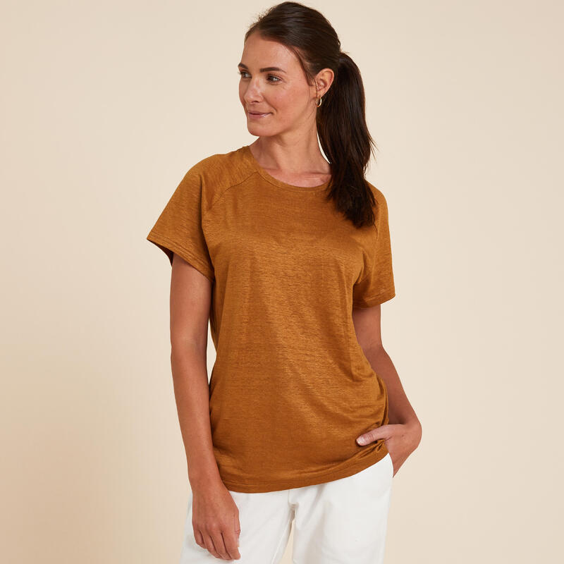 Yoga T-shirt voor dames 100% linnen made in France camel