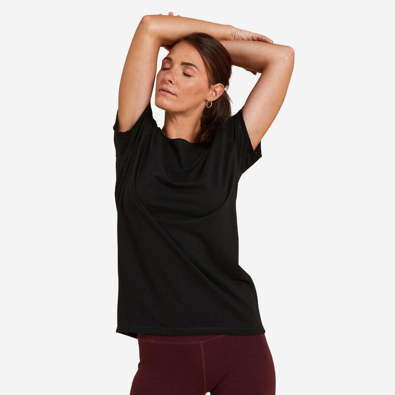 Női póló kímélő jógához, biopamutból, fekete 