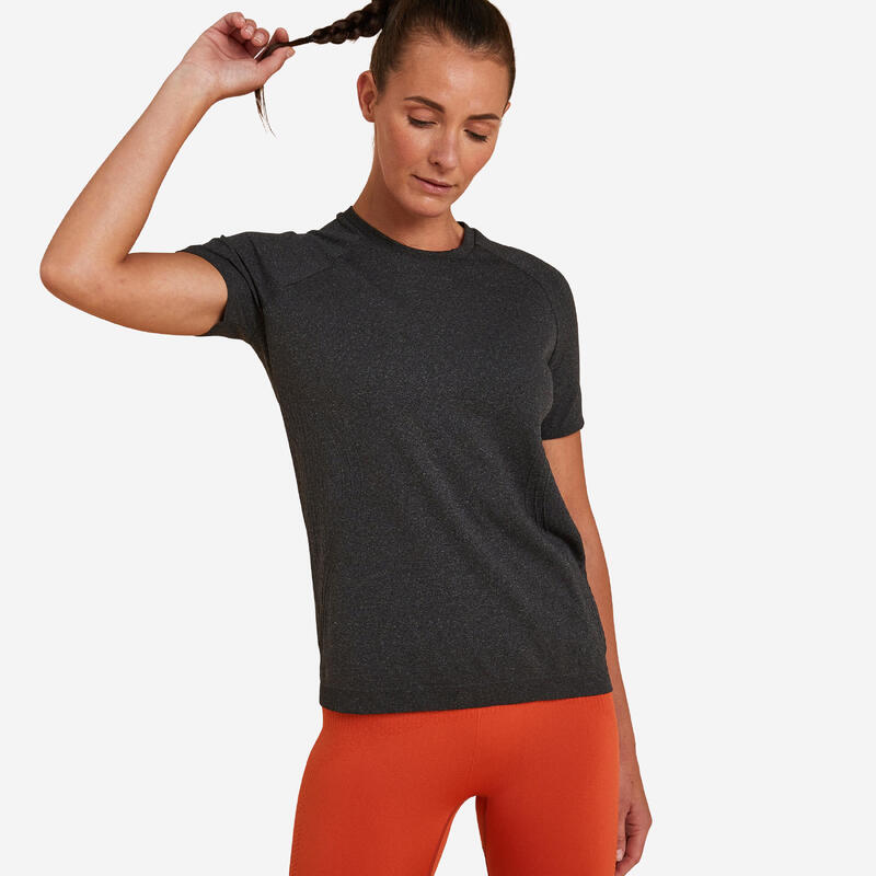 T-Shirt dynamisches Yoga nahtlos Damen - schwarzmeliert 