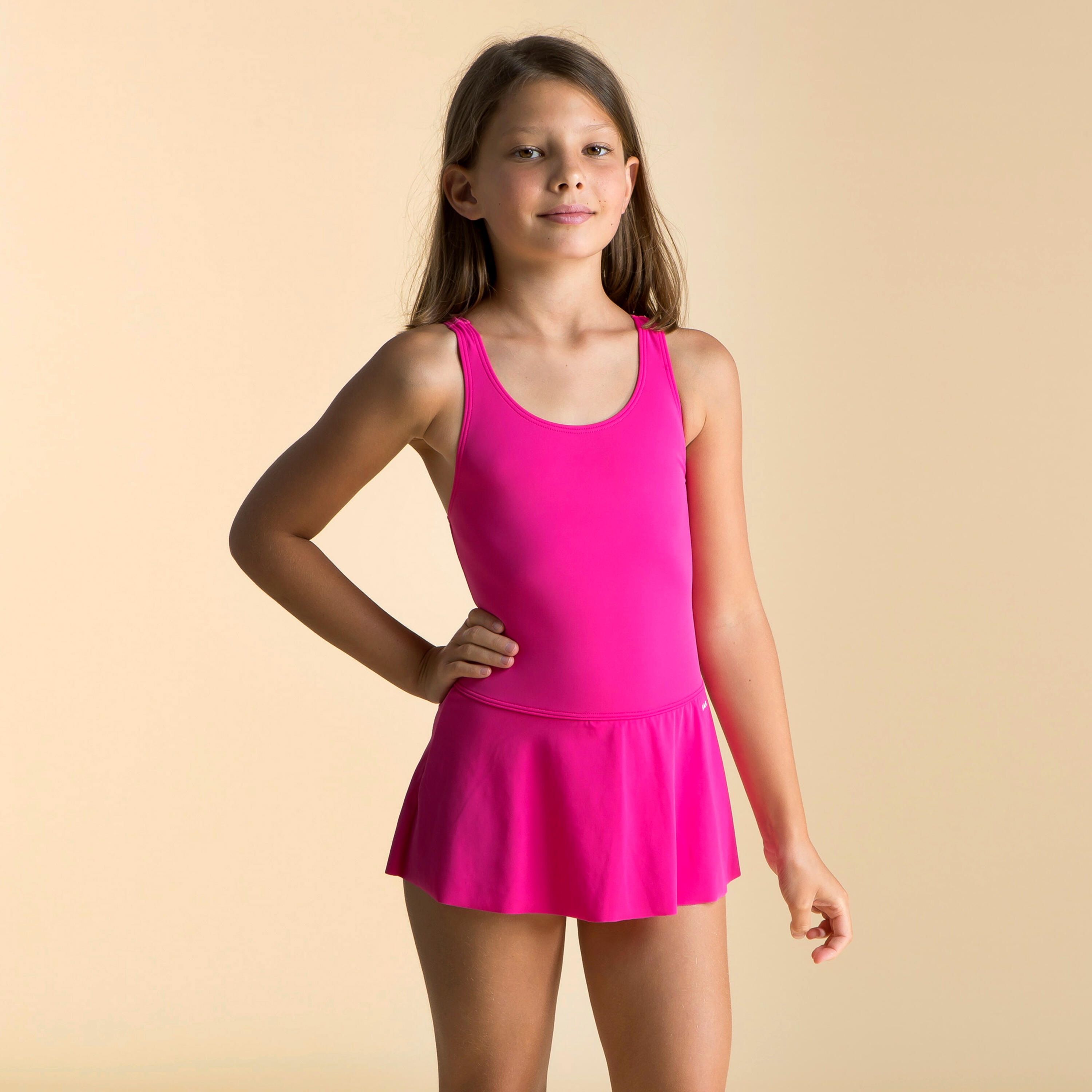 Girls 1 piece skirt swimsuit Vega Omi Pink Decathlon