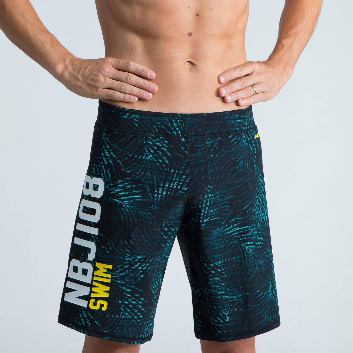 100 LONG MEN'S SWIMMING SHORTS - ALL BLACK PALM