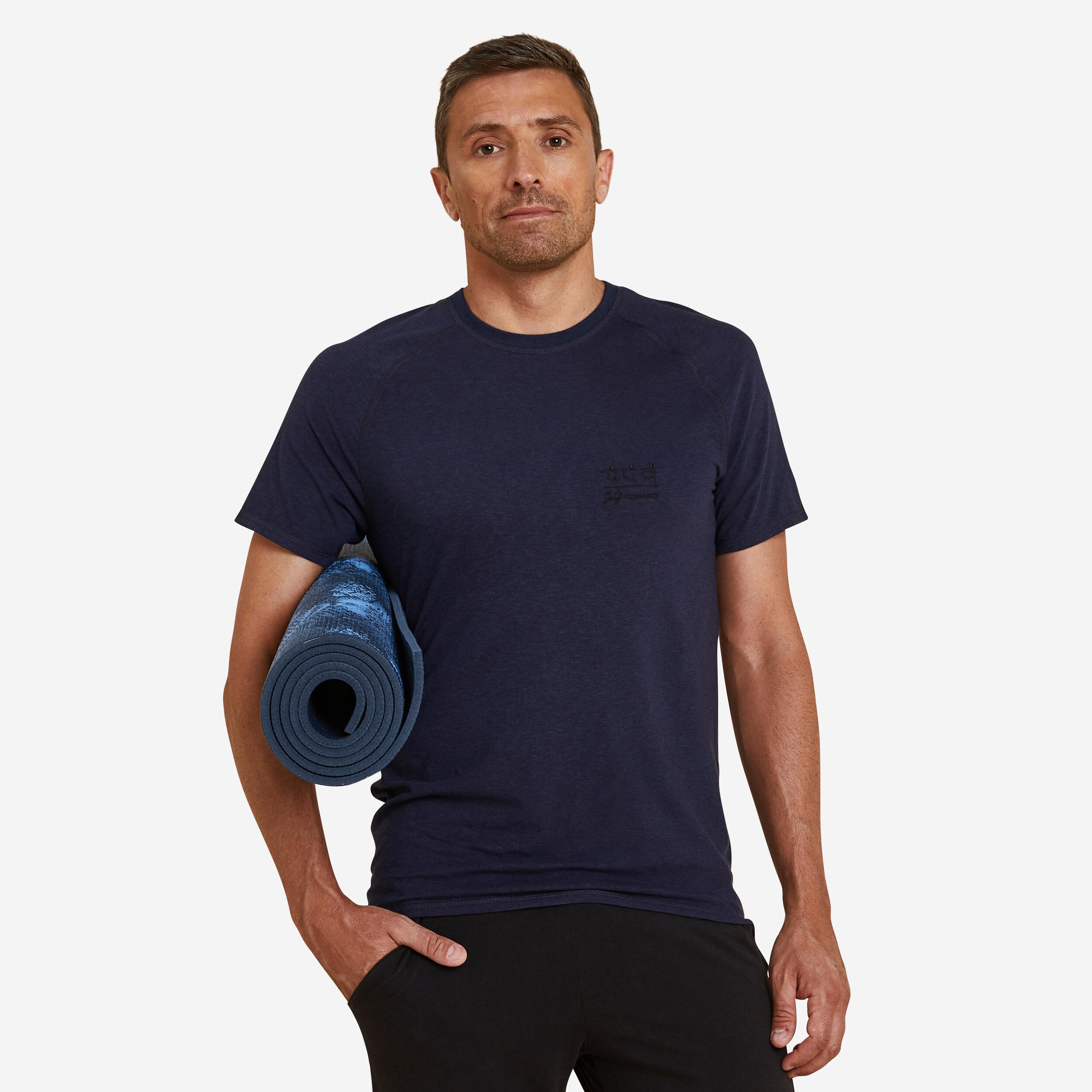 Decathlon | T-shirt uomo yoga slim misto cotone blu |  Kimjaly