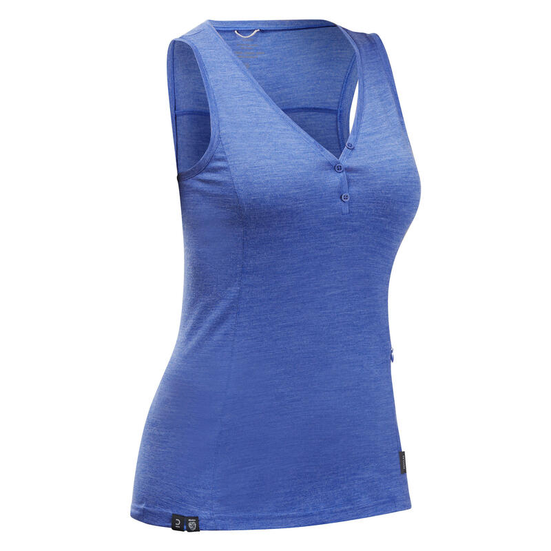 Débardeur de trek voyage en laine mérinos - TRAVEL 500 - Bleu roi- Femme