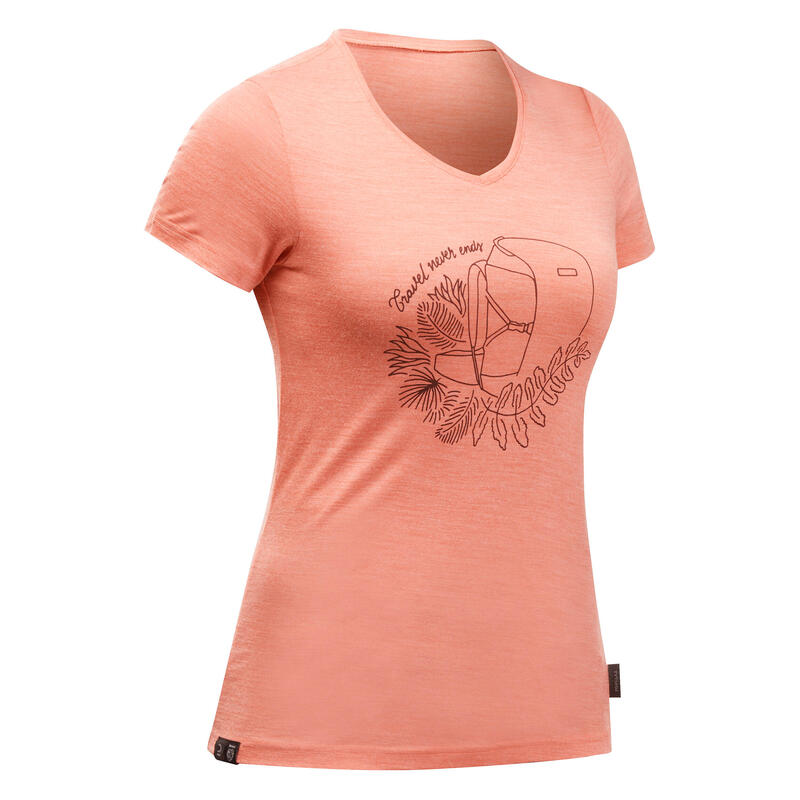 T-shirt de trek voyage - manches courtes - laine mérinos TRAVEL 100 orange Femme