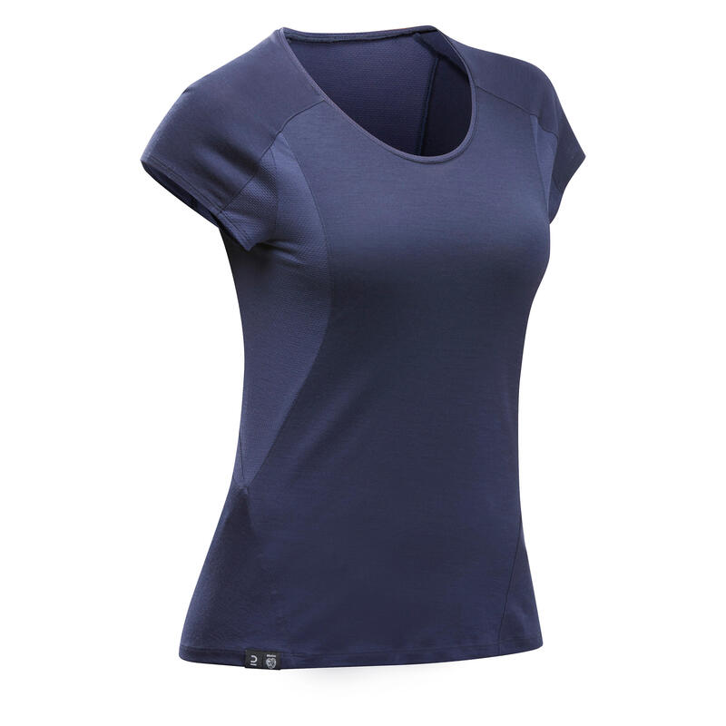 T-shirt de trek manches courtes en laine mérinos - MT500 bleu marine - Femme
