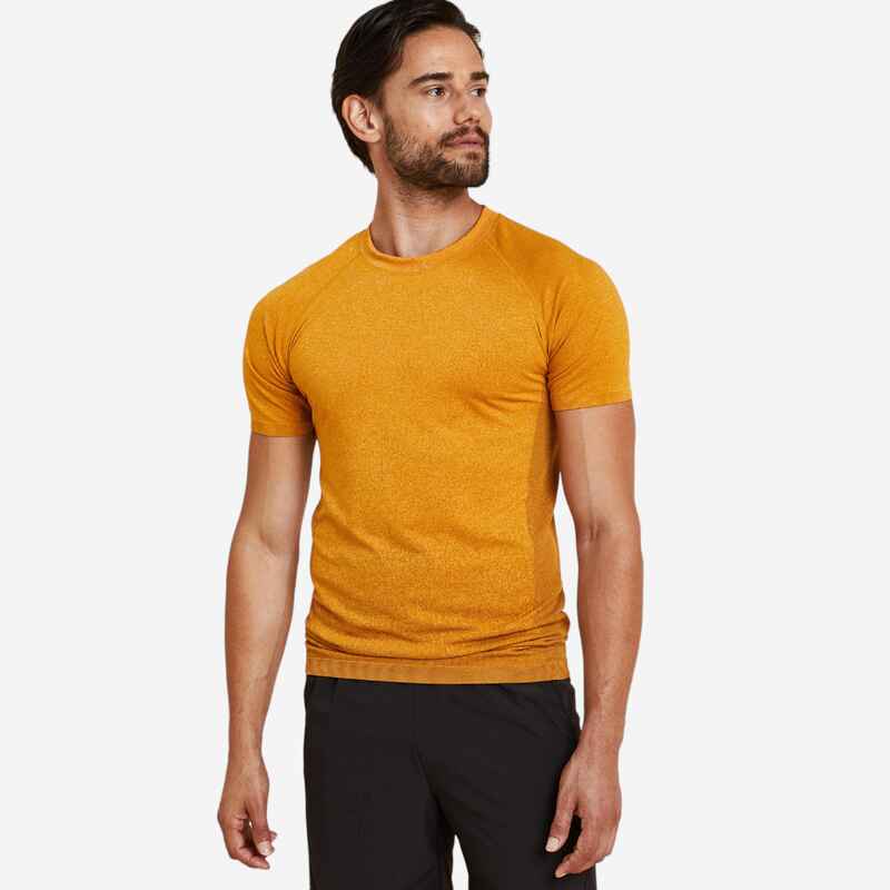 T-Shirt kurzarm Yoga nahtlos Herren ocker T-Shirt kurzarm Yoga nahtlos Herren ocker