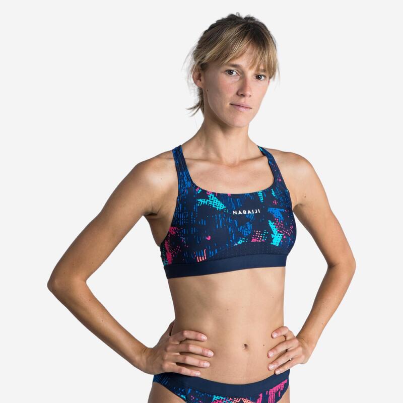 Top natación Mujer Nabaiji azul marino estampado