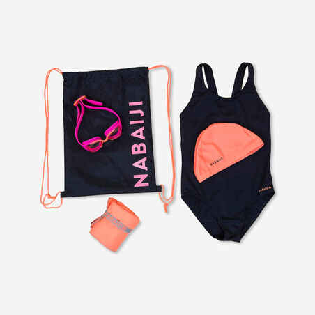 Kit de natación con vestido, gafas, gorro, toalla y tula para niña Nabaiji azul