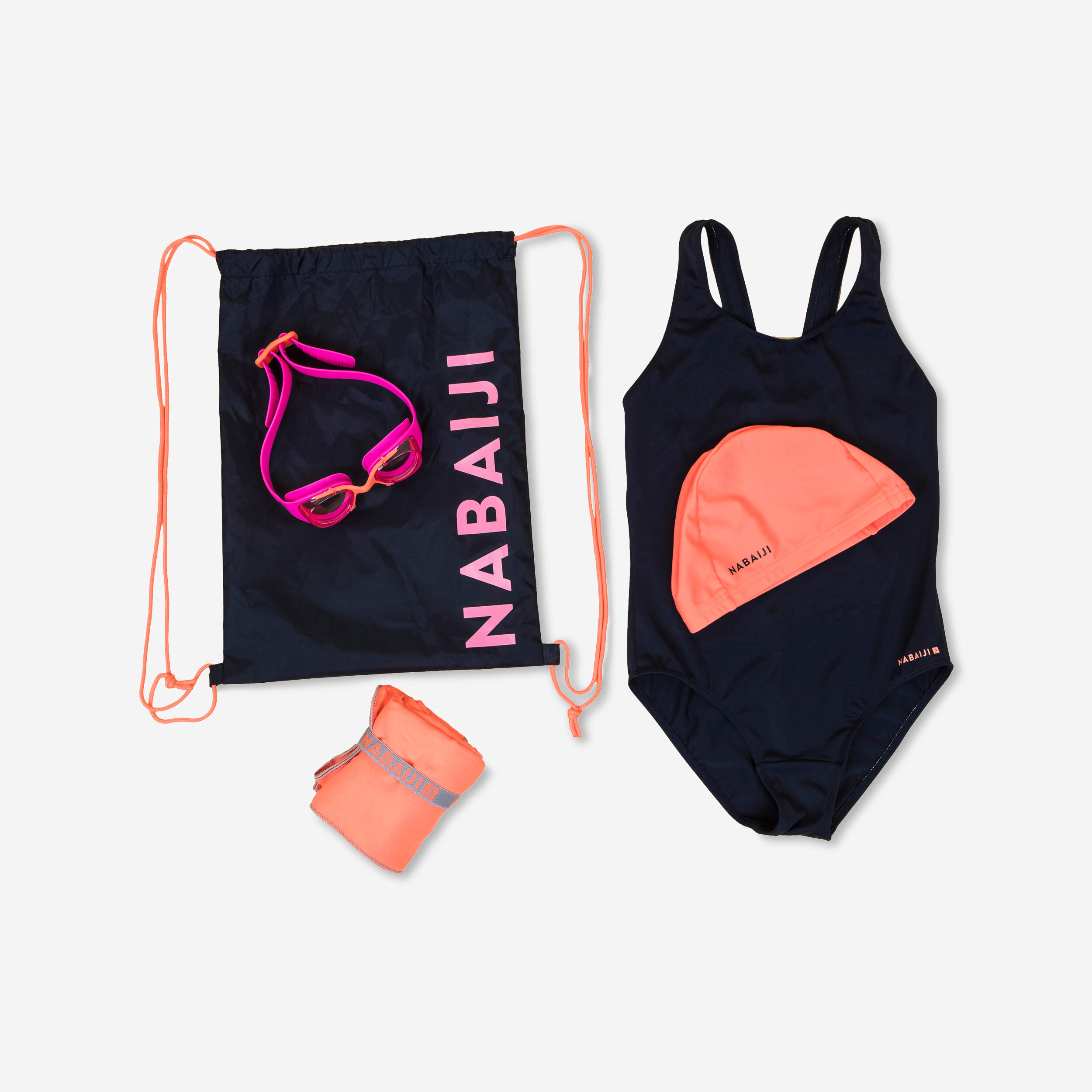 Conjunto natação menina 100 start: fato de banho, óculos, touca, toalha, saco
