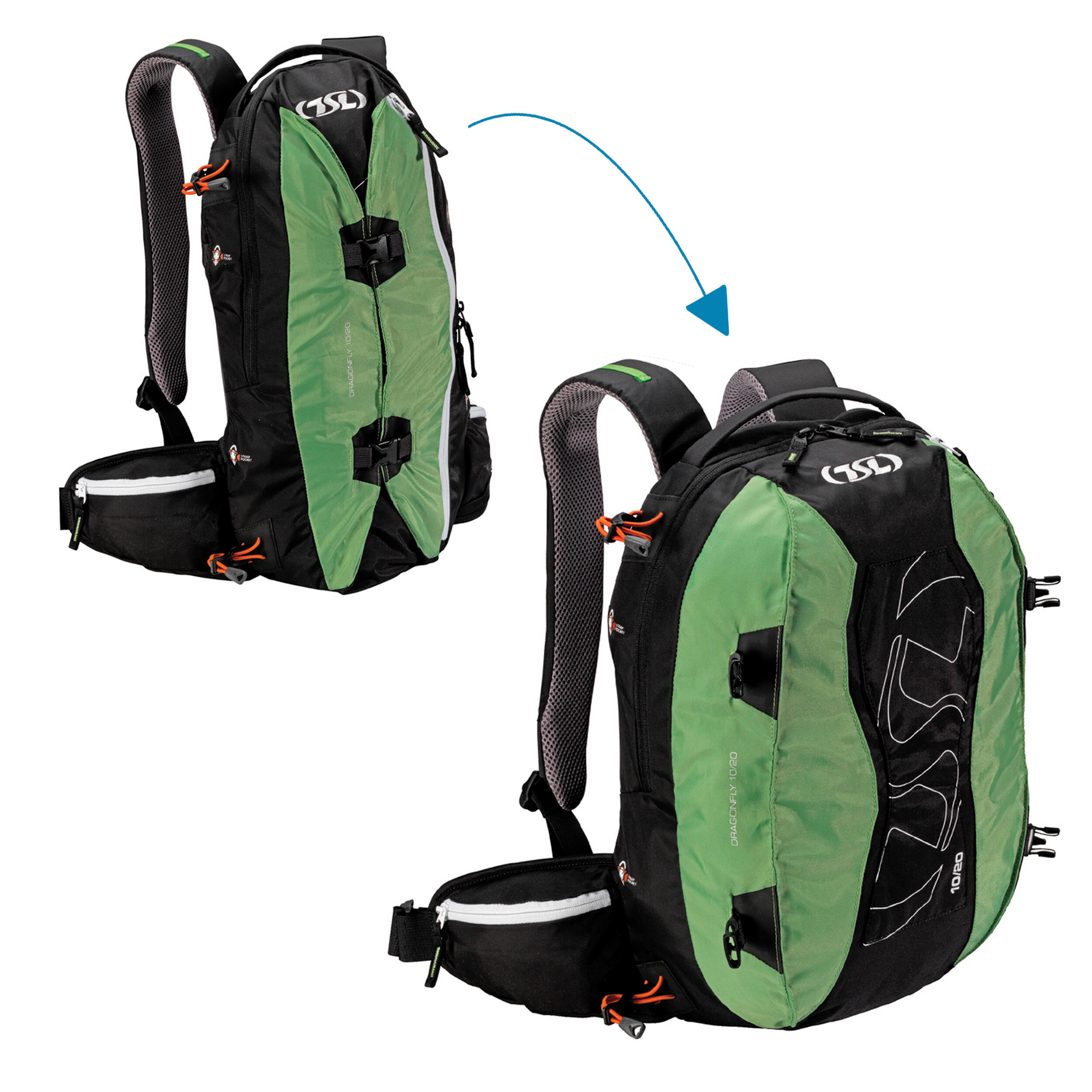 Snowshoe Backpack Dragonfly 10/20 L - Black/Green 3/4